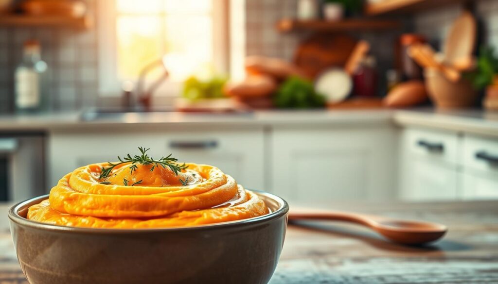 A vibrant bowl of creamy mashed sweet potatoes sits at the forefront, showcasing a smooth, velvety texture in a warm, inviting golden-orange hue. The dish is garnished with a sprinkle of fresh herbs, adding a pop of green, and a drizzle of olive oil glistens on the surface. To the side, a rustic wooden spoon rests, hinting at the homemade aspect of the dish. In the middle ground, a soft focus of an open kitchen is revealed, with warm, natural light illuminating the scene, evoking a cozy atmosphere. The background shows ingredients like fresh sweet potatoes, herbs, and spices arranged artfully on a countertop, enhancing the wholesome appeal. The overall composition conveys a sense of comfort and health, perfect for a food-related narrative. A vibrant bowl of creamy mashed sweet potatoes sits at the forefront, showcasing a smooth, velvety texture in a warm, inviting golden-orange hue. The dish is garnished with a sprinkle of fresh herbs, adding a pop of green, and a drizzle of olive oil glistens on the surface. To the side, a rustic wooden spoon rests, hinting at the homemade aspect of the dish. In the middle ground, a soft focus of an open kitchen is revealed, with warm, natural light illuminating the scene, evoking a cozy atmosphere. The background shows ingredients like fresh sweet potatoes, herbs, and spices arranged artfully on a countertop, enhancing the wholesome appeal. The overall composition conveys a sense of comfort and health, perfect for a food-related narrative.