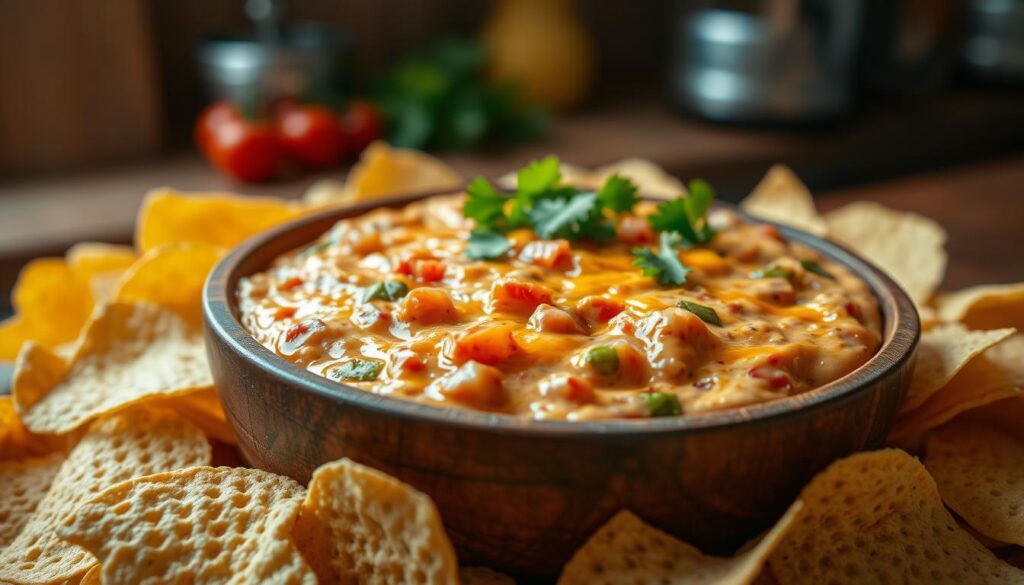 A vibrant close-up image of a creamy, spicy Rotel dip served in a rustic wooden bowl, surrounded by an array of colorful tortilla chips. The dip is thick and velvety, showcasing visible chunks of diced tomatoes, green chilies, and melted cheese, with a sprinkle of fresh cilantro on top for garnish. Soft, warm lighting from above creates a cozy atmosphere, highlighting the texture and richness of the dip. A blurred kitchen background hints at a homey setting, with faint shadows adding depth to the scene. The angle is slightly overhead, emphasizing the inviting dip and its perfect pairing with the chips, evoking a sense of comfort and delicious anticipation.