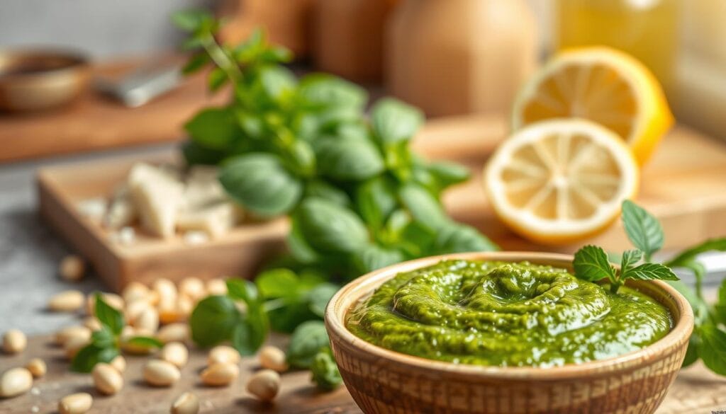 A vibrant culinary scene featuring a bowl of fresh lemon balm pesto in the foreground, surrounded by a variety of ingredients like pine nuts, Parmesan cheese, and a drizzle of olive oil. The pesto, with its rich green color, is expertly blended, showcasing its smooth texture. In the middle ground, there are fresh lemon balm leaves, glistening with dew, and a wooden cutting board with a whole lemon sliced open, adding a touch of brightness. The background features a soft-focus kitchen setting, with warm, natural lighting that creates an inviting atmosphere. The scene captures the essence of freshness and the joy of cooking with herbs, evoking a sense of creativity and culinary delight. A vibrant culinary scene featuring a bowl of fresh lemon balm pesto in the foreground, surrounded by a variety of ingredients like pine nuts, Parmesan cheese, and a drizzle of olive oil. The pesto, with its rich green color, is expertly blended, showcasing its smooth texture. In the middle ground, there are fresh lemon balm leaves, glistening with dew, and a wooden cutting board with a whole lemon sliced open, adding a touch of brightness. The background features a soft-focus kitchen setting, with warm, natural lighting that creates an inviting atmosphere. The scene captures the essence of freshness and the joy of cooking with herbs, evoking a sense of creativity and culinary delight.