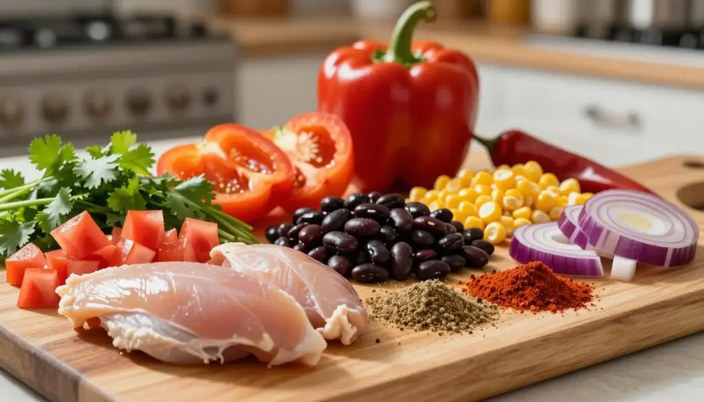 A vibrant, eye-catching display of ingredients for chicken taco soup arranged on a wooden cutting board. In the foreground, fresh chicken breast, diced tomatoes, black beans, corn, and a medley of colorful bell peppers. Add chopped red onion and cilantro for a pop of green. In the middle, scattered spices like cumin, chili powder, and paprika. The background features a softly blurred kitchen setting, with warm, natural lighting illuminating the ingredients, casting gentle shadows. Use a shallow depth of field to keep the focus on the ingredients, creating an inviting and cozy atmosphere that reflects the essence of homemade cooking.