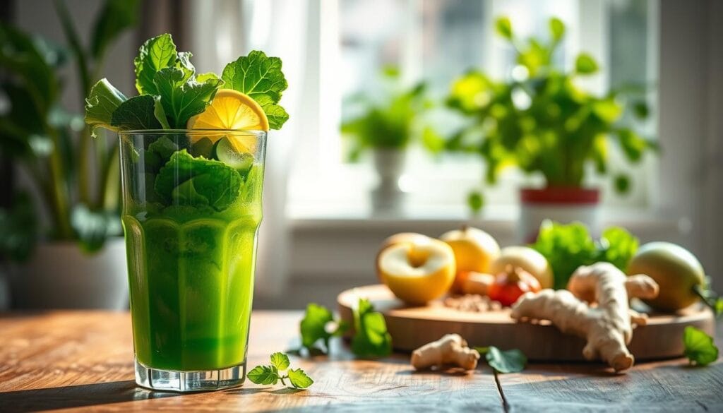 A vibrant glass of fresh green juice sits prominently in the foreground, overflowing with kale, spinach, cucumber, and a slice of lemon. The juice shimmers in natural sunlight, highlighting its rich green color. In the middle ground, a rustic wooden table holds a cutting board with fresh ingredients, including apples and ginger, signifying the juicing process. Soft, diffused light spills from a window, creating a warm and inviting atmosphere. In the background, lush indoor plants flourish, accentuating the theme of health and vitality. The overall mood is refreshing and invigorating, capturing the essence of wellness and the benefits of green juice. The image should be bright, with an emphasis on natural colors and textures, inviting viewers to embrace a healthy lifestyle.