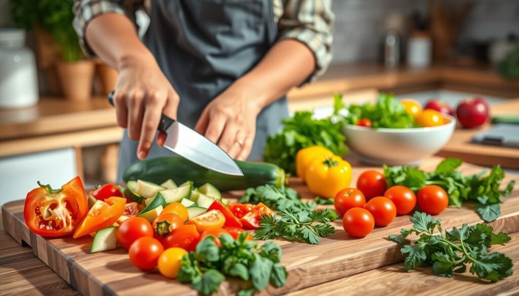 A vibrant kitchen scene featuring a wooden cutting board filled with fresh vegetables for a Mounjaro recipe. In the foreground, a pair of hands, clad in modest casual attire, carefully chop colorful bell peppers, green zucchini, and bright cherry tomatoes with a sharp chef's knife. The middle layer shows a variety of herbs like fresh basil and parsley scattered around, with a bowl of vibrant salad greens waiting to be mixed. The background includes a softly blurred kitchen countertop, adorned with ingredients and a sunny window casting warm, natural light across the scene. The atmosphere is cheerful and inviting, highlighting the process of preparing healthy ingredients step by step, evoking a sense of freshness and culinary creativity. A vibrant kitchen scene featuring a wooden cutting board filled with fresh vegetables for a Mounjaro recipe. In the foreground, a pair of hands, clad in modest casual attire, carefully chop colorful bell peppers, green zucchini, and bright cherry tomatoes with a sharp chef's knife. The middle layer shows a variety of herbs like fresh basil and parsley scattered around, with a bowl of vibrant salad greens waiting to be mixed. The background includes a softly blurred kitchen countertop, adorned with ingredients and a sunny window casting warm, natural light across the scene. The atmosphere is cheerful and inviting, highlighting the process of preparing healthy ingredients step by step, evoking a sense of freshness and culinary creativity.