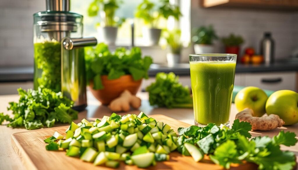 A vibrant kitchen scene showcasing the preparation of fresh green juice. In the foreground, a wooden cutting board adorned with chopped kale, cucumber, and green apples, surrounded by a sleek glass juicer catching the sunlight. A refreshing, bright green juice fills a clear glass, droplets of moisture glistening on its surface. In the middle ground, a stylish countertop with a bowl of fresh ingredients, including ginger and celery, and a few herbs like mint. The background features soft, natural lighting streaming in through a window, illuminating potted herbs on a windowsill. The mood is fresh, invigorating, and inviting, perfect for a beginner eager to learn about healthy juice making. The camera angle captures the entire preparation area, highlighting the process and essence of making a delicious green juice.