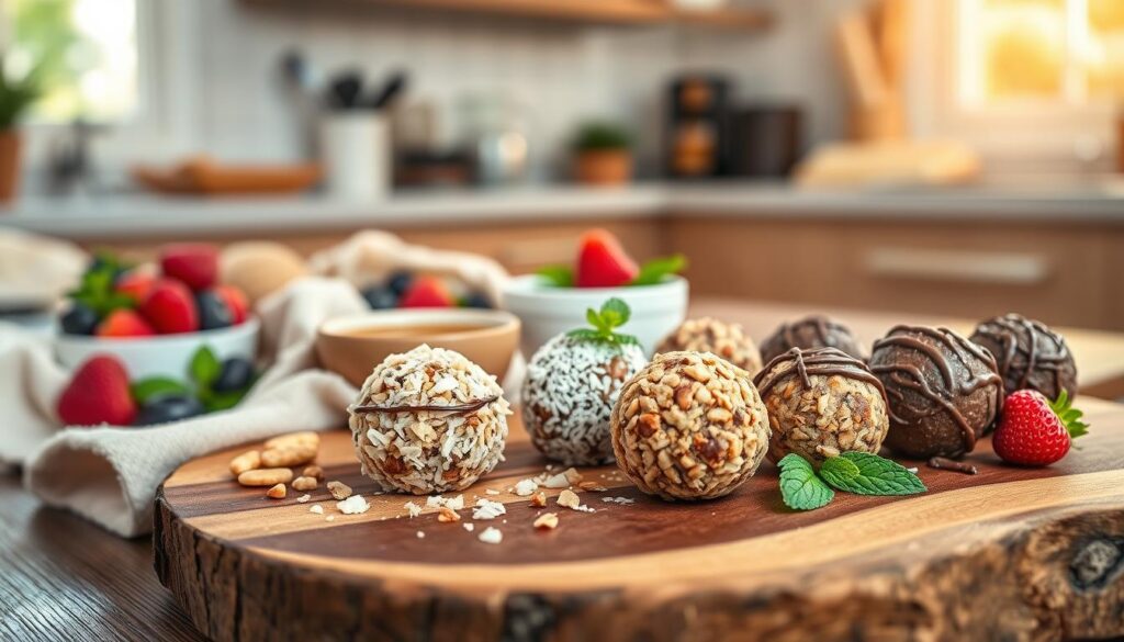 A vibrant tabletop scene featuring an assortment of creative protein ball variations, beautifully arranged on a rustic wooden platter. In the foreground, display three distinct protein balls: one rolled in finely chopped nuts, another coated in shredded coconut, and a third showcasing a drizzle of dark chocolate. Surround these treats with colorful garnishes like fresh berries, mint leaves, and a small bowl of honey. In the middle ground, include a soft, textured cloth contrasting against the wood, adding depth to the composition. The background should feature a blurred kitchen setting with warm, natural light streaming in from a window, evoking a cozy, inviting atmosphere. Capture the image at a shallow depth of field to highlight the protein balls while softly fading the background.