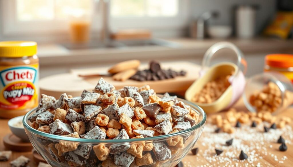 A vibrant tabletop scene of a homemade puppy chow recipe in the foreground, featuring a large glass bowl filled with the delicious snack, showcasing the crispy cereal, melted chocolate, and powdered sugar dusting. Surrounding the bowl are common ingredients like Chex mix, peanut butter, and chocolate chips. In the middle ground, include a stylish cutting board with some unfinished ingredients and a measuring cup spilling rice cereal. The background should softly blur out with a kitchen setting, warm light spilling in from a window to create a cozy atmosphere. The image should capture intricate textures and colors of the puppy chow, evoking an inviting and playful mood, as though enticing the viewer to try making the treat while emphasizing common mistakes to avoid.
