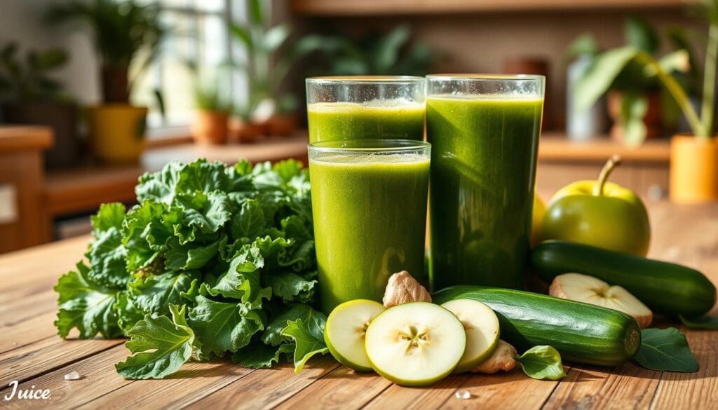 A vibrant, visually appealing green juice recipe spread out on a rustic wooden countertop. In the foreground, showcase fresh ingredients like crisp kale leaves, bright green spinach, juicy cucumbers, tangy green apples, and a slice of zesty ginger. They should be artfully arranged around a glass of freshly made green juice, with droplets of condensation on the outside of the glass, evoking a refreshing feeling. In the background, softly blurred, hint at a sunny kitchen setting with lush houseplants and natural light streaming in through a window, creating a warm and inviting atmosphere. The focus should be on the ingredients that are essential for a healthy green juice, emphasizing freshness, wellness, and the joy of juicing.