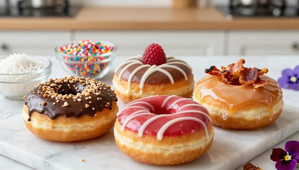 A visually appealing arrangement of cake donuts with various delicious glazes and toppings. In the foreground, display three fluffy cake donuts, each uniquely adorned: one with a glossy chocolate glaze sprinkled with crushed nuts, another with a vibrant raspberry icing drizzled with white chocolate, and the last with a glossy maple glaze topped with crispy bacon bits. In the middle ground, include small bowls of colorful sprinkles, shredded coconut, and edible flowers to enhance the presentation. The background features a soft-focus kitchen setting, warmly lit, to create an inviting atmosphere. The scene is shot from a slightly elevated angle to showcase the textures of the donuts and glazes, conveying a sense of indulgence and creativity. A visually appealing arrangement of cake donuts with various delicious glazes and toppings. In the foreground, display three fluffy cake donuts, each uniquely adorned: one with a glossy chocolate glaze sprinkled with crushed nuts, another with a vibrant raspberry icing drizzled with white chocolate, and the last with a glossy maple glaze topped with crispy bacon bits. In the middle ground, include small bowls of colorful sprinkles, shredded coconut, and edible flowers to enhance the presentation. The background features a soft-focus kitchen setting, warmly lit, to create an inviting atmosphere. The scene is shot from a slightly elevated angle to showcase the textures of the donuts and glazes, conveying a sense of indulgence and creativity.