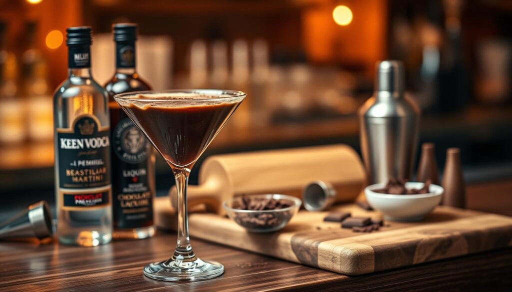 A visually appealing arrangement of chocolate martini ingredients on a stylish wooden bar surface. In the foreground, feature a sleek martini glass filled with a rich, dark chocolate martini, garnished with a delicate swirl of chocolate syrup and a sprinkle of cocoa powder. Surround the glass with essential ingredients: a small elegant bottle of premium vodka, a bottle of chocolate liqueur, a jigger for measuring, and a bowl of fresh chocolate shavings. In the middle background, softly illuminated by warm, inviting bar lights, display a rustic wooden cutting board with a few chocolate squares and a shaker. Use a shallow depth of field to create a soft blur effect on the background, enhancing the focus on the ingredients and glass. The atmosphere should be cozy and inviting, perfect for an upscale cocktail setting. A visually appealing arrangement of chocolate martini ingredients on a stylish wooden bar surface. In the foreground, feature a sleek martini glass filled with a rich, dark chocolate martini, garnished with a delicate swirl of chocolate syrup and a sprinkle of cocoa powder. Surround the glass with essential ingredients: a small elegant bottle of premium vodka, a bottle of chocolate liqueur, a jigger for measuring, and a bowl of fresh chocolate shavings. In the middle background, softly illuminated by warm, inviting bar lights, display a rustic wooden cutting board with a few chocolate squares and a shaker. Use a shallow depth of field to create a soft blur effect on the background, enhancing the focus on the ingredients and glass. The atmosphere should be cozy and inviting, perfect for an upscale cocktail setting.
