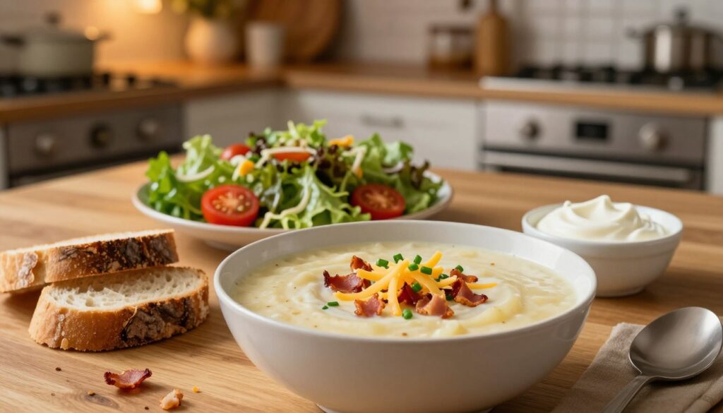 A warm bowl of creamy loaded potato soup, garnished with crispy bacon bits, shredded cheese, and chives, sits in the foreground. Beside it, there are slices of rustic bread and a small dish of sour cream, elegantly arranged on a wooden table. In the middle ground, a stylish salad with mixed greens, cherry tomatoes, and a light vinaigrette adds a pop of color to the scene. Soft, ambient lighting casts a cozy glow across the setting, highlighted by a blurred background of a kitchen with warm wooden accents and subtle, inviting decor. The overall atmosphere is inviting and homey, perfectly capturing a comforting meal for a chilly day. A warm bowl of creamy loaded potato soup, garnished with crispy bacon bits, shredded cheese, and chives, sits in the foreground. Beside it, there are slices of rustic bread and a small dish of sour cream, elegantly arranged on a wooden table. In the middle ground, a stylish salad with mixed greens, cherry tomatoes, and a light vinaigrette adds a pop of color to the scene. Soft, ambient lighting casts a cozy glow across the setting, highlighted by a blurred background of a kitchen with warm wooden accents and subtle, inviting decor. The overall atmosphere is inviting and homey, perfectly capturing a comforting meal for a chilly day.