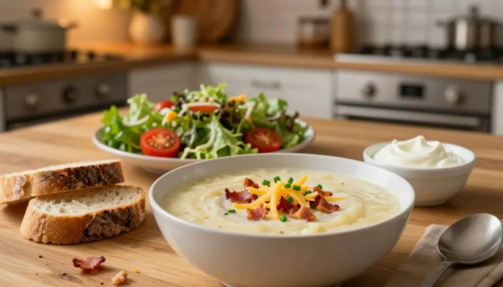 A warm bowl of creamy loaded potato soup, garnished with crispy bacon bits, shredded cheese, and chives, sits in the foreground. Beside it, there are slices of rustic bread and a small dish of sour cream, elegantly arranged on a wooden table. In the middle ground, a stylish salad with mixed greens, cherry tomatoes, and a light vinaigrette adds a pop of color to the scene. Soft, ambient lighting casts a cozy glow across the setting, highlighted by a blurred background of a kitchen with warm wooden accents and subtle, inviting decor. The overall atmosphere is inviting and homey, perfectly capturing a comforting meal for a chilly day.