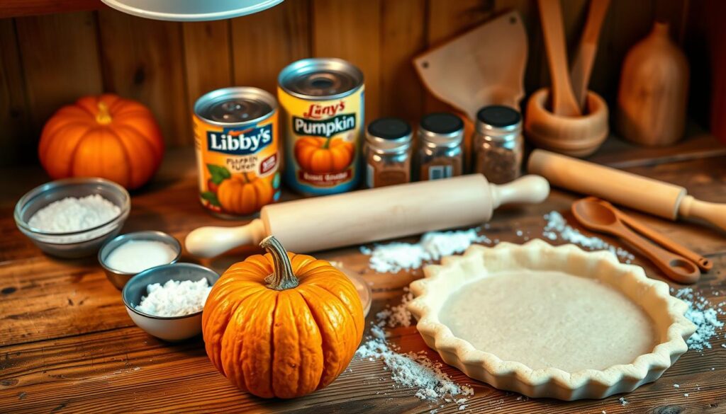 A warm, inviting kitchen setting featuring an array of pumpkin pie ingredients neatly arranged on a rustic wooden countertop. In the foreground, a plump, bright orange pumpkin sits prominently, surrounded by ingredients like a small bowl of granulated sugar, a delicate measuring cup of rich brown sugar, a crumpled can of Libby's pumpkin puree, ground cinnamon, nutmeg, and ginger in small glass jars, and a simple pie crust in the shape of a pie plate. The middle ground showcases a rolling pin dusted with flour, while wooden spoons and measuring spoons hint at the preparation process. The background reveals warm, soft lighting from an overhead lamp, creating a cozy, autumnal atmosphere perfect for Thanksgiving baking. Capture the scene with a slightly overhead angle to highlight the ingredients vividly, evoking a sense of comfort and homeliness.