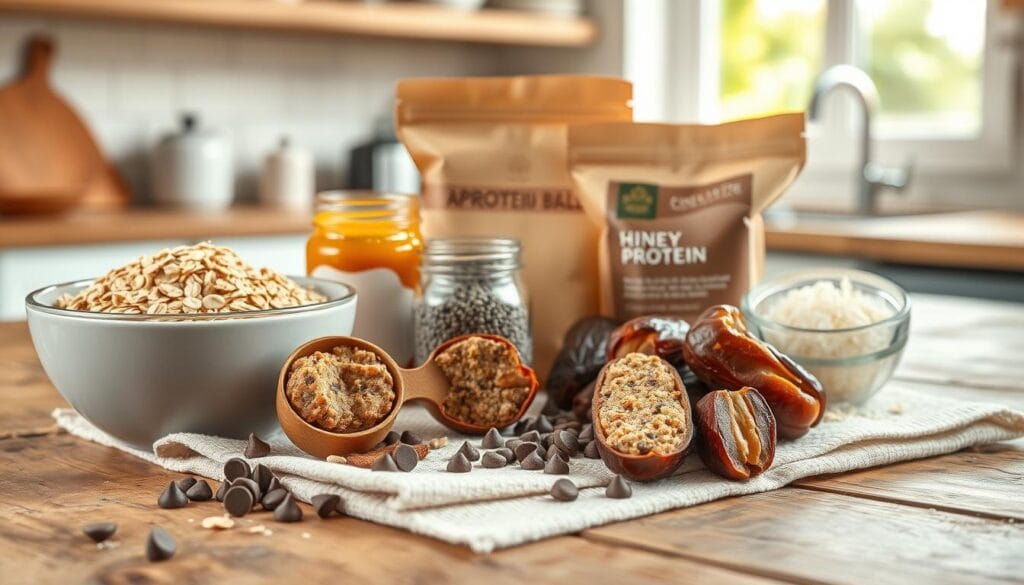 An appealing layout of various protein ball ingredients arranged neatly on a rustic wooden kitchen countertop. In the foreground, showcase a bowl filled with rolled oats, with a measuring cup overflowing with almond butter nearby. Roll of honey and a handful of chocolate chips are artistically scattered on a cloth napkin beside them. In the middle, display a small jar of chia seeds, a bag of shredded coconut, and a few dates cut in half to reveal their texture. The background features a soft-focus kitchen scene with natural light streaming in from a window, creating a warm and inviting atmosphere. The composition should evoke a sense of health and deliciousness, perfect for a nutritious snacking option. No text or branding in the image.