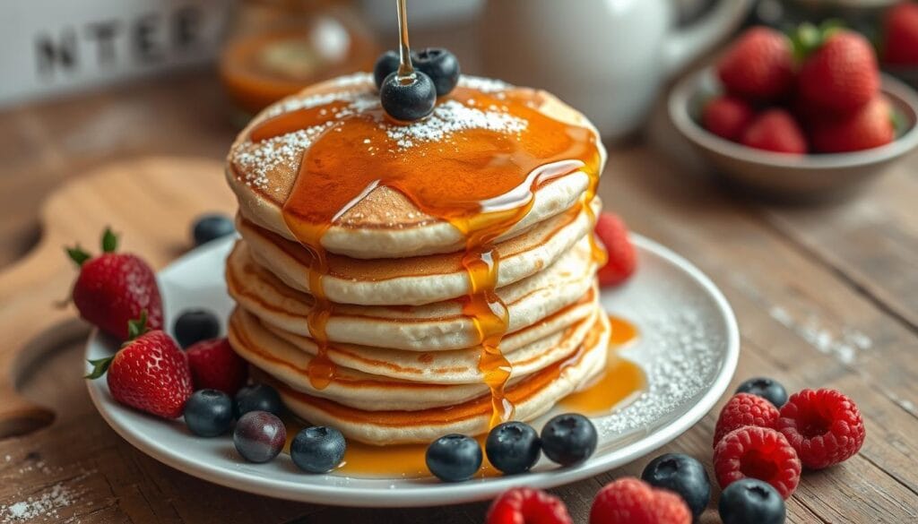 Fluffy pancakes stacked high on a white ceramic plate, drenched in golden maple syrup that glistens under soft, warm lighting. A light dusting of powdered sugar adds a delicate elegance to the scene. Surrounding the pancakes are fresh berries—strawberries, blueberries, and raspberries—offering a vibrant pop of color. In the background, a rustic wooden table enhances the cozy atmosphere, while a blurred kitchen setting hints at a homey environment. The image captures a top-down angle that highlights the fluffy texture and golden-brown edges of the pancakes, inviting viewers to indulge. The overall mood is inviting and warm, evoking a sense of comfort and enjoyment, perfect for showcasing a classic breakfast dish.