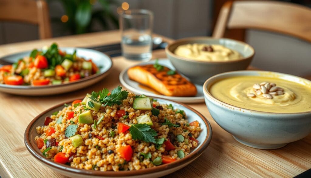 A beautifully arranged dinner table featuring a selection of healthy gluten-free dishes. In the foreground, vibrant roasted vegetable quinoa salad, garnished with fresh herbs and a drizzle of olive oil. Beside it, a colorful grilled salmon fillet, topped with a zesty avocado salsa. In the middle ground, a bowl of creamy cauliflower and almond soup garnished with sunflower seeds. The setting should include a soft, natural wood table with rustic dinnerware that enhances the wholesome feeling. The background should be softly blurred, with warm, inviting lighting that creates a cozy atmosphere, suggesting a comfortable home dining experience. The overall mood should evoke health, freshness, and culinary delight.