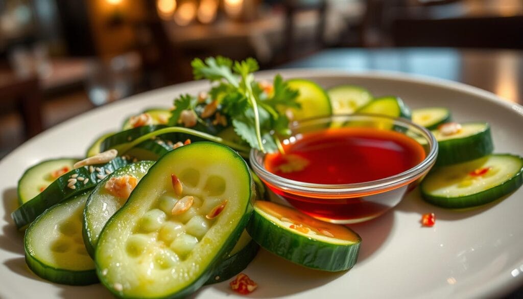 A beautifully arranged plate of Din Tai Fung cucumber appetizer, showcasing glistening, freshly sliced cucumbers marinated in a vibrant chili oil. The foreground includes delicate cucumber slices topped with aromatic garlic and sesame seeds, glistening under soft, natural lighting. In the middle, a small bowl of rich, deep red chili oil sits gracefully beside the cucumbers, with sprigs of fresh cilantro and hints of chili flakes sprinkled around for added color. The background features a subtle blur of a dimly lit, elegant restaurant ambiance, enhancing the overall culinary atmosphere. The composition captures the freshness and flavor, inviting viewers to appreciate the intricate details and vibrant colors of the dish.
