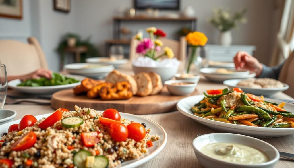 A beautifully arranged table set for a family gathering, showcasing an array of vibrant, gluten-free dinner dishes. In the foreground, a colorful quinoa salad with cherry tomatoes and cucumber, a plate of herb-roasted chicken, and a lively vegetable stir-fry glistening with sesame oil. The middle ground features a wooden serving board laden with gluten-free bread and dips like hummus and avocado spread. In the background, soft, warm lighting creates an inviting atmosphere, highlighting a cozy dining room with subtle decorations like fresh flowers and tasteful tableware. The image captures a joyful, communal mood, perfect for sharing healthy gluten-free meal inspirations among family and friends. No text, watermarks, or signatures present.