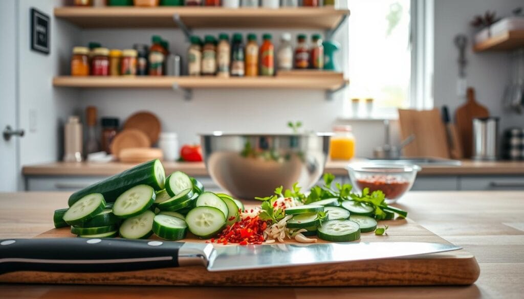 A bright, well-organized kitchen scene focusing on the preparation of Din Tai Fung cucumber salad. In the foreground, a wooden cutting board holds freshly sliced cucumbers and various colorful ingredients like garlic, sesame oil, and chili flakes. A sharp chef’s knife lies next to the cucumbers. In the middle, a stainless steel bowl awaits mixing of the ingredients, and a few sprigs of fresh cilantro add a pop of green color. In the background, shelves display neatly arranged spices and utensils, with soft, natural light streaming in from a nearby window, creating a warm and inviting atmosphere. The image captures a sense of culinary excitement and preparation, ideal for illustrating a cooking process.