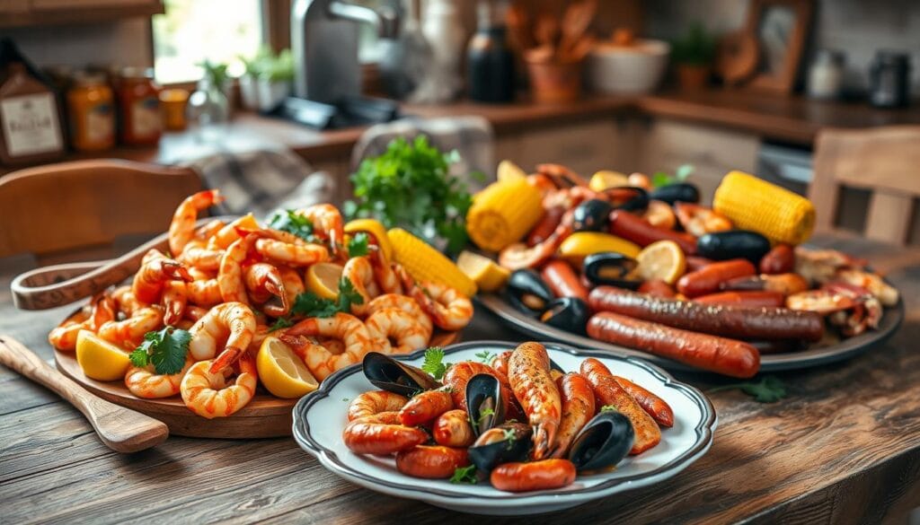 A vibrant Cajun seafood boil spread on a rustic wooden table. In the foreground, a large, steaming pot brimming with shrimp, crab, and mussels, garnished with fresh herbs like parsley and slices of lemon. Juicy corn on the cob and spicy sausage pieces are scattered around, with a sprinkle of Cajun seasoning visible. In the middle ground, a wooden spoon rests beside the pot, and an elegant serving platter showcases a colorful arrangement of the seafood. The background features a softly lit kitchen setting, with warm, inviting light highlighting the scene, creating a cozy atmosphere. The image is captured from a slightly elevated angle, emphasizing the delicious details of the dish while maintaining a homey, enthusiastic cooking vibe.