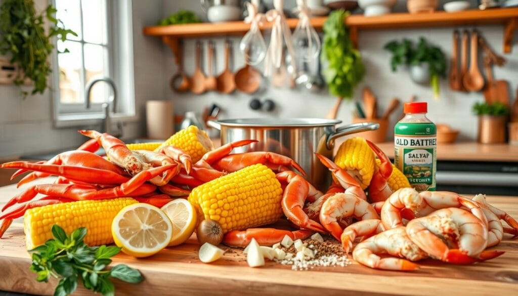 A vibrant kitchen scene showcasing the preparation for a seafood boil. In the foreground, a wooden cutting board is laden with fresh ingredients: bright, red crab legs, shrimp, colorful corn on the cob cut into halves, and slices of lemon. A pot of boiling water is prominently placed in the middle, steam rising, surrounded by spices like Old Bay and chopped garlic. The background reveals an inviting, well-lit kitchen with hanging herbs and a wooden shelf displaying various cooking utensils. Natural light filters through a window, creating a warm and cozy atmosphere. The mood is lively and inviting, emphasizing the excitement of gathering ingredients for a family feast.