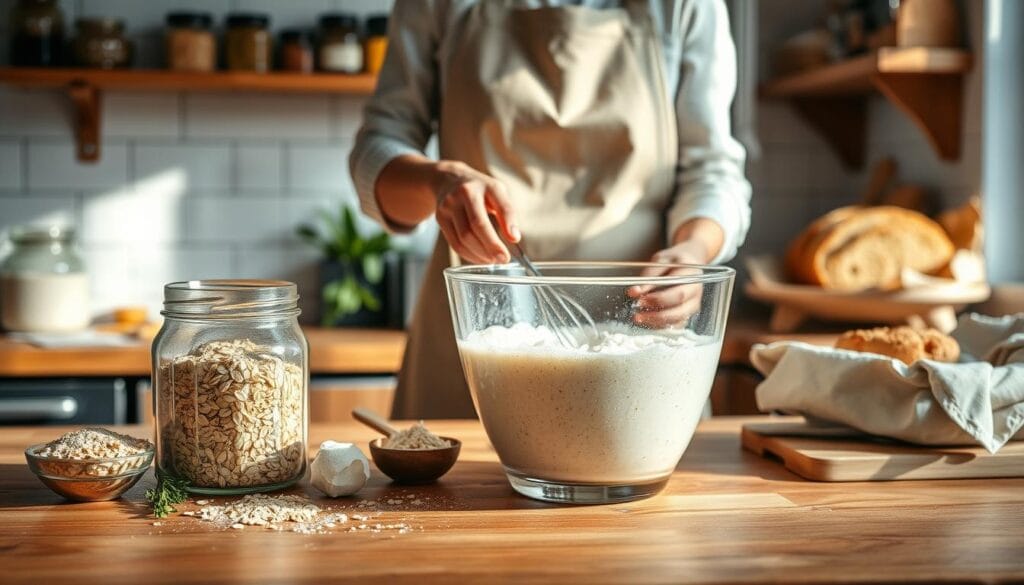 A cozy kitchen scene filled with the warmth of home baking. In the foreground, a wooden countertop displays a glass bowl of sourdough starter discard, vibrant and bubbly, alongside several popular discard recipe ingredients: a jar of oats, a scoop of flour, and fresh herbs. In the middle, a skilled baker wearing a modest apron is gently mixing the starter into a large mixing bowl, showcasing the process of preparing a dish. Natural light streams in through a window, creating soft shadows and highlighting the textures of the ingredients. In the background, rustic shelving showcases jars of spices and a loaf of freshly baked sourdough bread, evoking a sense of culinary creativity and inviting warmth. The atmosphere blends homely comfort with the excitement of baking experimentation.