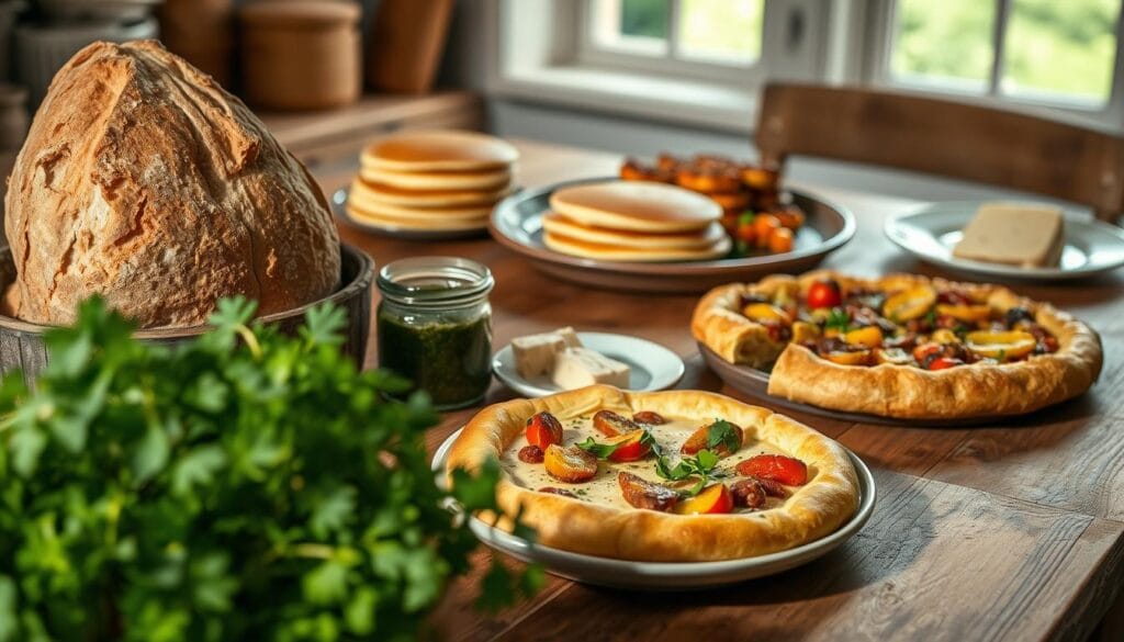 A rustic kitchen scene featuring a wooden table adorned with a variety of savory sourdough discard dishes, including a crusty sourdough bread, fluffy pancakes, and a savory galette with colorful vegetables. In the foreground, a bowl of vibrant fresh herbs adds a splash of green. The middle ground features the dishes arranged alongside a small jar of homemade pesto and a plate of cheese, showcasing textures and colors. In the background, soft natural light filters through a window, casting gentle shadows that enhance the inviting atmosphere. The image is captured from a slightly elevated angle to provide a comprehensive view of the meal spread while maintaining a warm, cozy feel, perfect for a casual lunch or dinner setting.